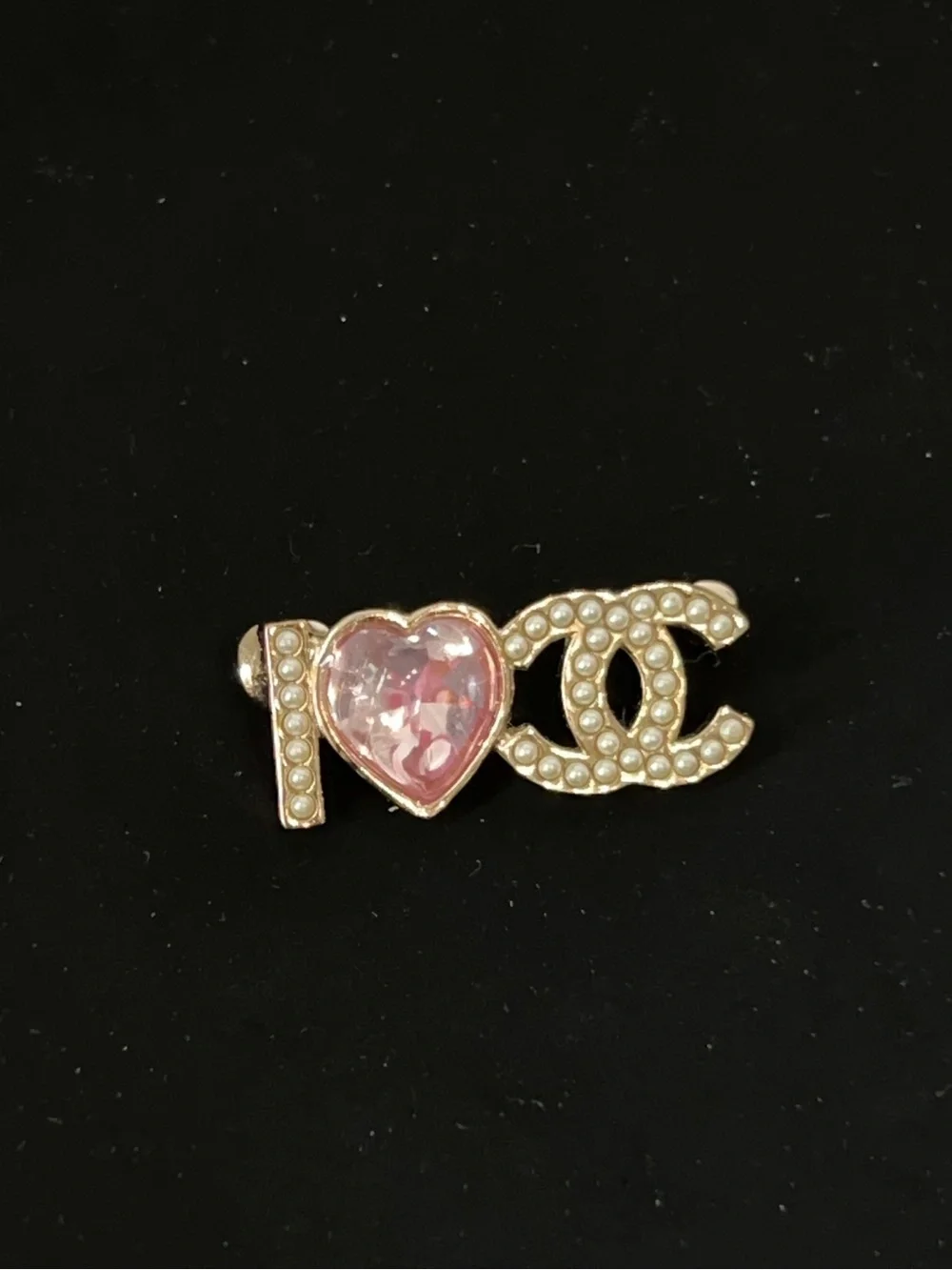 Chanel Pearl-Embellished Pink Heart Logo Brooch